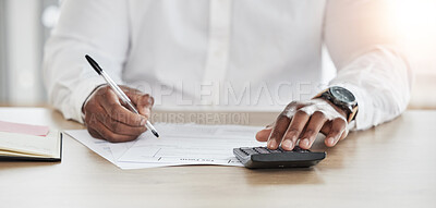 Buy stock photo Person hands, calculator and documents for writing financial information, taxes management and business investment. Accountant with paperwork, numbers and budget or math for sales, profit and revenue