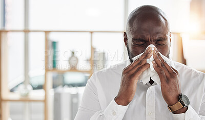 Buy stock photo Sick, tissue and businessman blowing his nose in the office with cold, flu or sinus allergies. Illness, medical and professional young African male person with hayfever while working in the workplace