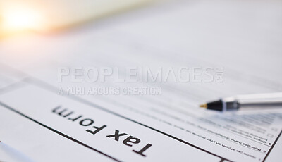 Buy stock photo Taxes paperwork, closeup and finance with accounting, form for income information, audit and contract. Financial paper, money and tax return, government documents and salary earnings with revenue