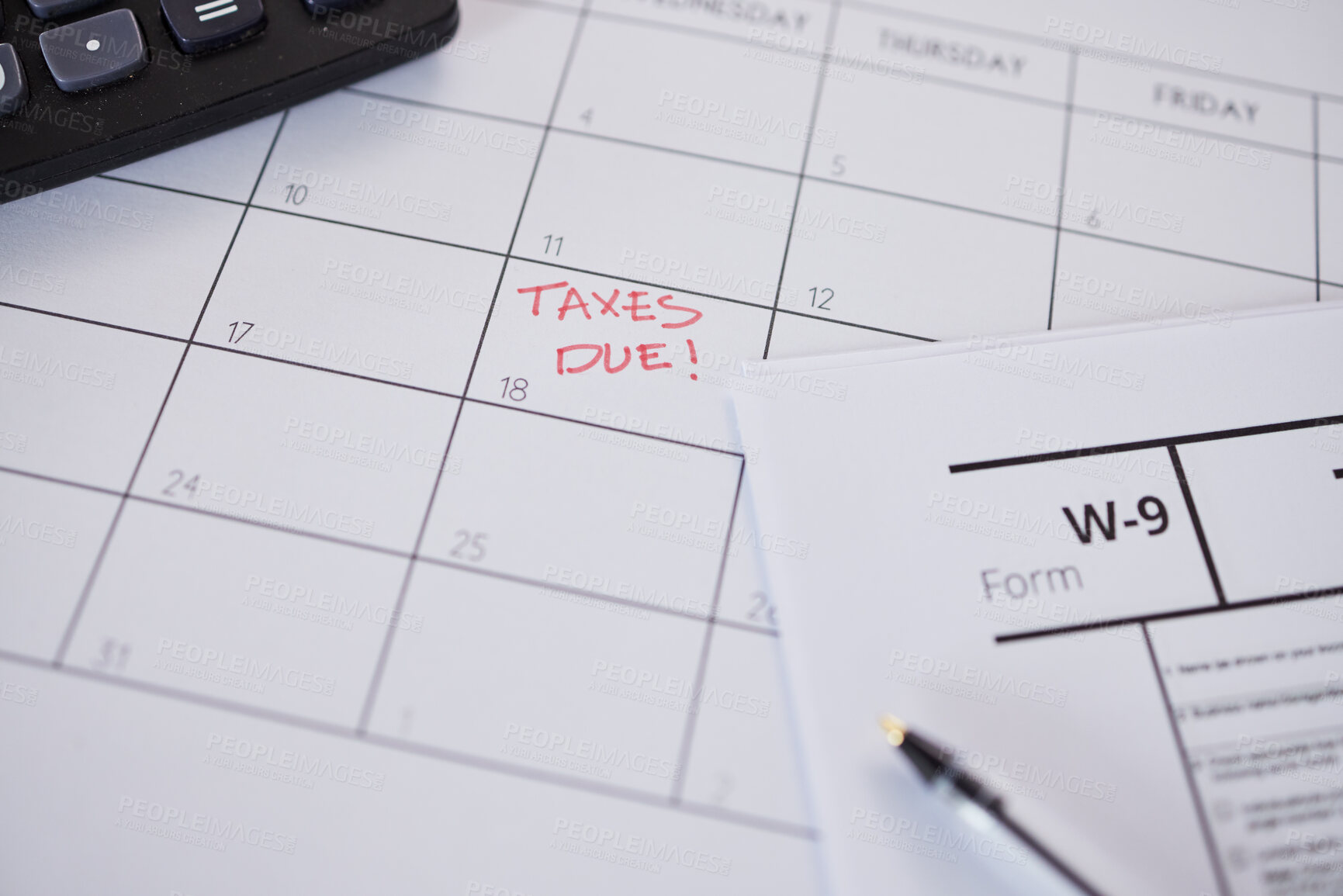 Buy stock photo Tax, calendar and reminder on schedule for government compliance, deadline and remember date for paperwork and form. Taxes, financial audit and due payment of money, savings or income profit