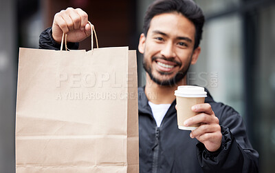 Buy stock photo Breakfast delivery, portrait and a man with a coffee, food or ecommerce service from a restaurant. Happy, commercial and an Asian worker with lunch or dinner from a courier from a cafe in the morning