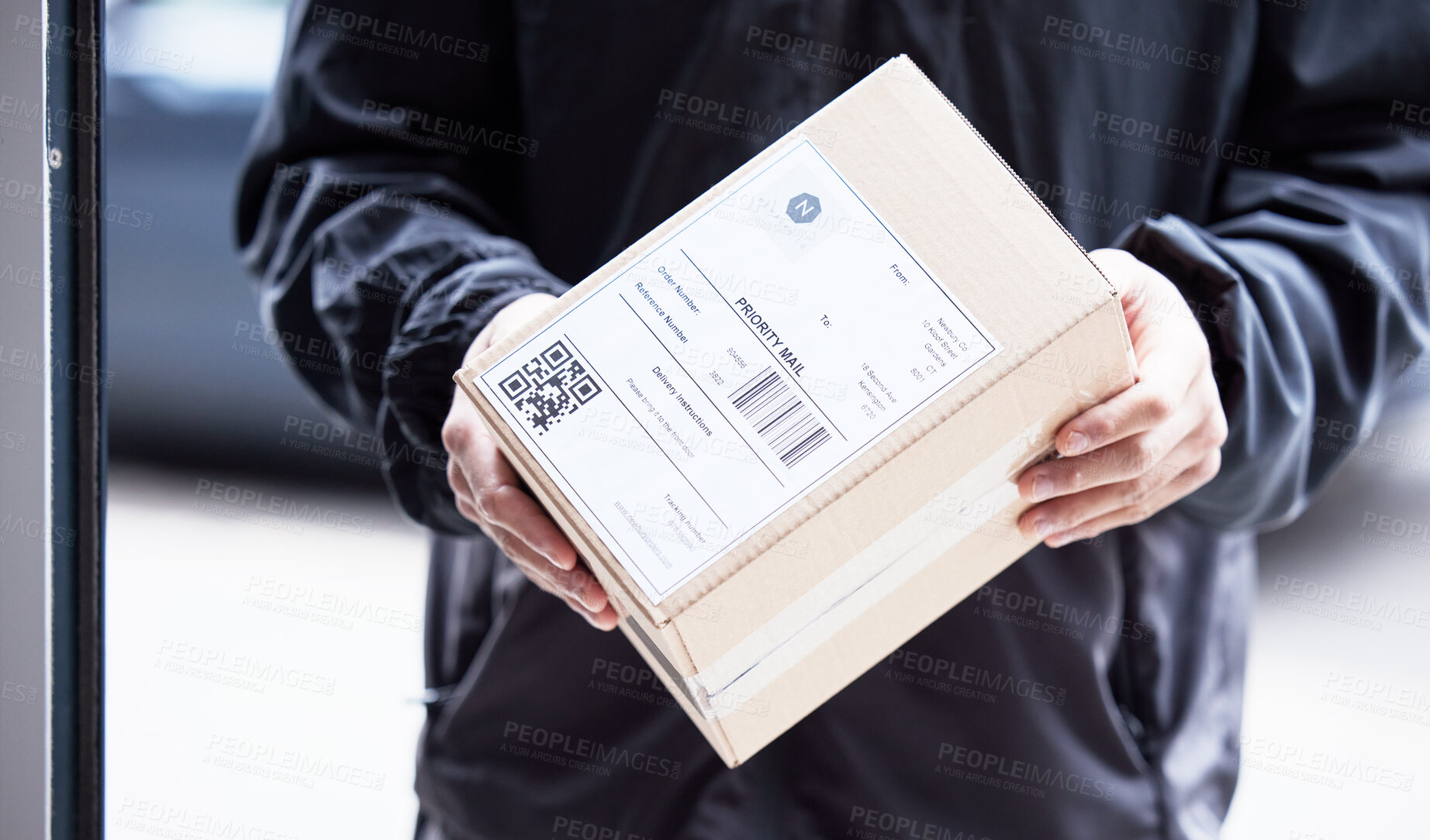 Buy stock photo Box, hands and courier at with mail for a delivery, ecommerce work or cargo shipping. Closeup, logistics and man or person with package, stock or front door freight wholesale or distribution service