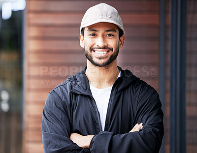 Buy stock photo Arms crossed, portrait and asian man courier outdoor for delivery and service with a smile. Face, proud and happy Japanese male carrier ready for ecommerce, order or logistics, mail or distribution