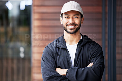 Buy stock photo Portrait, arms crossed and asian man courier outdoor for delivery and service with a smile. Face, proud and happy Japanese male carrier ready for ecommerce, order or logistics, mail or distribution