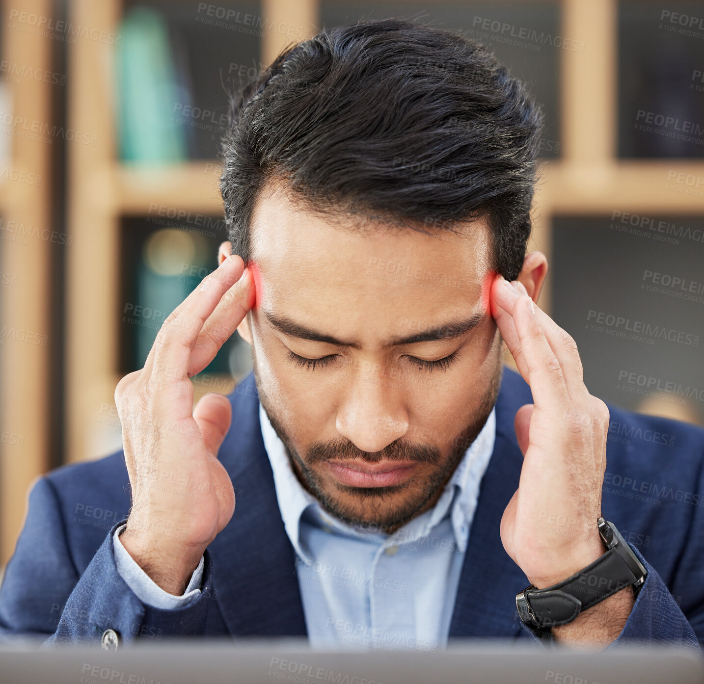 Buy stock photo Headache, stress and tired with business man for fatigue, anxiety and burnout. Mental health, crisis and frustrated with male employee and migraine pain in office for mistake, glitch and problem