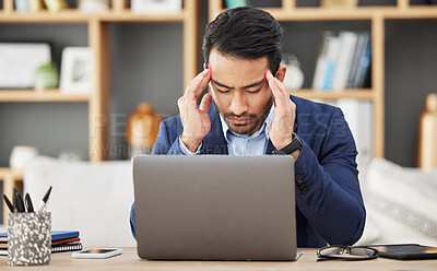 Buy stock photo Headache, stress and laptop with business man for fatigue, anxiety and burnout. Mental health, tired and frustrated with male employee and migraine pain in office for mistake, glitch and problem