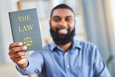 Buy stock photo Law, book and happy portrait of a man with the rules or research on legal constitution, regulation or policy from government. African businessman, lawyer or attorney with knowledge of justice
