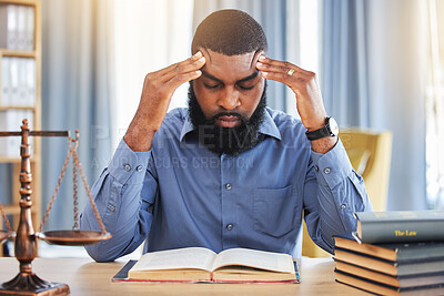 Buy stock photo Black man, lawyer and stress of headache in office with worry, pain and frustrated with challenge of court case in law firm. Confused advocate, tired attorney and fatigue from legal research analysis
