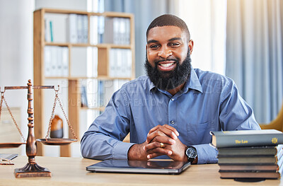 Buy stock photo Happy black man, portrait and lawyer at desk for consulting, justice and pride in law firm in Nigeria. Attorney, advocate and businessman in office for legal advice, court meeting and constitution