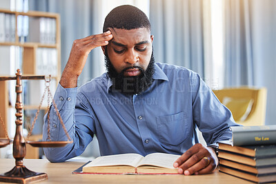 Buy stock photo Black man, lawyer and reading book with stress in office from worry, pain or frustrated with challenge of court case. Confused advocate, attorney and headache from legal research analysis in law firm