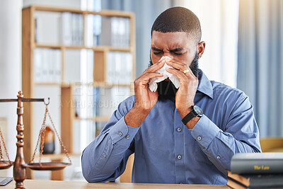 Buy stock photo Lawyer, sick and business with black man and blowing nose in office for allergy, illness and fatigue. Advocate, attorney and sneeze with male employee and tissue for virus, infection and hayfever