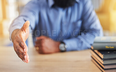 Buy stock photo Handshake, offer and man or lawyer hands for introduction, welcome and legal deal, success or meeting. Professional advisor, attorney or person shaking hands for partnership, thank you or agreement