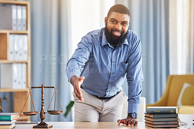 Buy stock photo Lawyer, portrait and man offer handshake for networking, consulting advice and legal deal in law firm. Happy african attorney, trust and shaking hands for welcome, support and constitution agreement