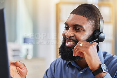 Buy stock photo Business man, call center and communication consultant on computer advice, e commerce or customer service. Virtual agent, online advisor or African person speaking, helping and online solution or FAQ