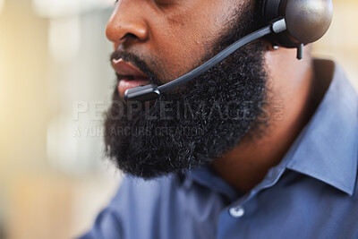 Buy stock photo Business man, mouth and call center, consultant or advisor talking, virtual communication or technical support. Insurance agent or person speaking on headphones, helping and customer service closeup