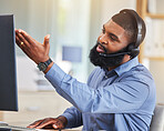 Call center, customer support and frustrated black man on computer for network error, mistake and problem. Telemarketing, business and male consultant online for communication, crm help and contact