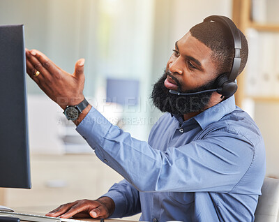 Buy stock photo Call center, customer support and frustrated black man on computer for network error, mistake and problem. Telemarketing, business and male consultant online for communication, crm help and contact