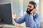 Call center, computer and happy man, consultant or agent speaking, advice and customer services or business support. Online sales, financial advisor or african person communication, contact us or FAQ