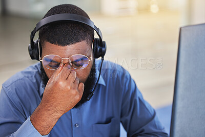 Buy stock photo Call center, business man and headache, pain or stress for communication mistake, error and sales crisis. Tired agent, consultant or sad person in glasses, computer and health risk in telemarketing
