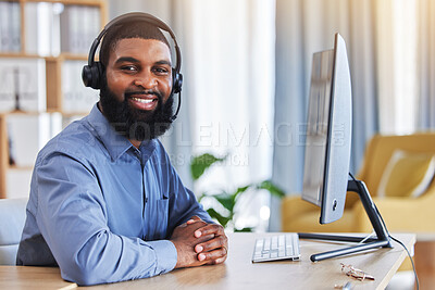 Buy stock photo Call center, customer support and portrait of black man at desk with smile for friendly service. Telemarketing, business and happy male consultant with headset for communication, crm help and contact