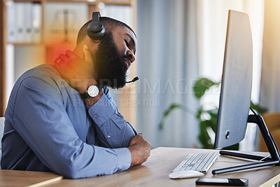 Buy stock photo Call center, customer support and black man with neck pain, injury and muscle strain at desk. Telemarketing, business and male consultant with inflammation for communication, crm help and contact