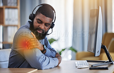 Buy stock photo Call center, customer support and black man with shoulder pain, muscle strain and injury at desk. Telemarketing, business and male consultant with inflammation for communication, crm help and contact