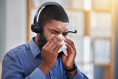 Buy stock photo Sick, black man and blowing nose in call center office for flu, allergies, and health risk in telemarketing agency. Face of salesman, CRM agent and tissue for virus, bacteria and sneeze for allergy