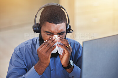 Buy stock photo Sick, man and blow nose in call center office for flu, allergies, and health risk in telemarketing agency. Face of african salesman, CRM agent and tissue for virus, bacteria and sneeze for allergy