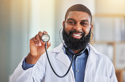 Buy stock photo Doctor, man and portrait with stethoscope for heartbeat, healthcare services and cardiology. Face of happy medical african worker with tool to listen, check breathing and lungs for test in hospital 