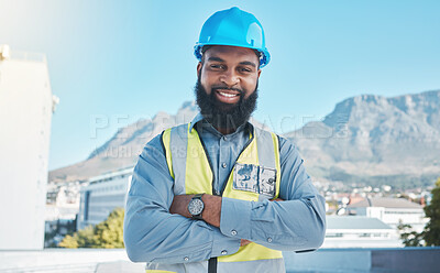 Buy stock photo Construction, portrait and black man in city with arms crossed for building project, site maintenance and civil engineering. Happy contractor, architecture and urban property development in Cape Town