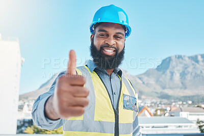 Buy stock photo Man, architecture portrait and thumbs up for city development, construction goals and like, yes or support sign. Engineering person, worker or contractor success, safety gear and ok or good job emoji