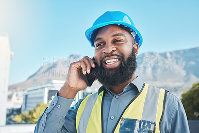 Buy stock photo Happy, man and phone call for construction in city with civil engineering, building industry and renovation. Face of african male architect talking on smartphone for discussion of project management