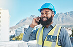 Man, construction worker and phone call in city for civil engineering, building industry or renovation. Face of happy african male architect talking on smartphone for discussion of project management