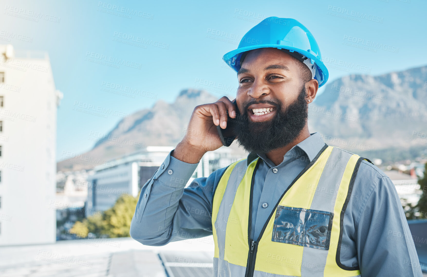 Buy stock photo Man, construction worker and phone call in city for civil engineering, building industry or renovation. Face of happy african male architect talking on smartphone for discussion of project management