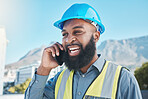 Man, construction and worker with phone call in city for civil engineering, building site and industry. Face of happy african male architect, manager or talking on smartphone for property development