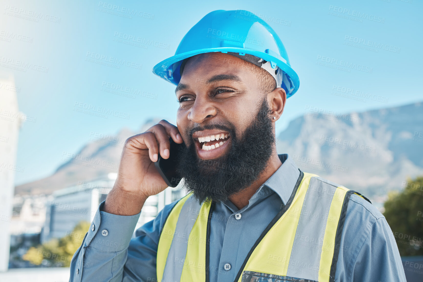 Buy stock photo Man, construction and worker with phone call in city for civil engineering, building site and industry. Face of happy african male architect, manager or talking on smartphone for property development