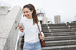 Phone, walking and happy woman texting in a city for travel, chatting or commute outdoor. Smile, social media and female chatting, reading or checking email, app or online communication on town walk
