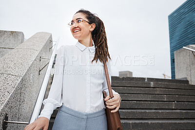 Buy stock photo Thinking, smile and business woman walking on city steps cheerful, young or confident while traveling. Travel, idea and happy female person with memory, dreaming and looking around outdoor in London