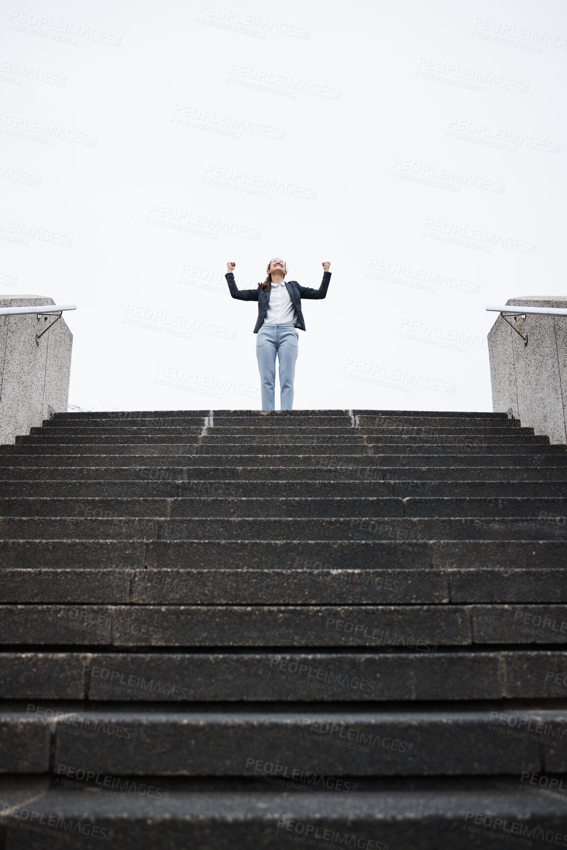 Buy stock photo Business woman, stairs and celebration for success, goal or winning in finance career, investment or stock market. Young entrepreneur, winner and fist in air for achievement, pride or lottery in city