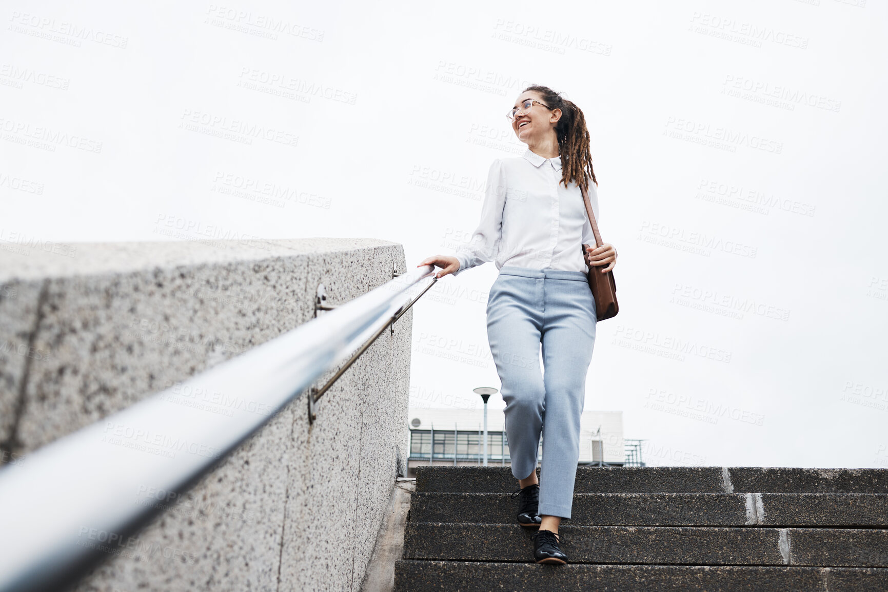 Buy stock photo Thinking, woman and walking on city building steps happy, smile and looking while traveling. Travel, walk and business lady smile for commute, memory and enjoying solo trip in New York outdoor