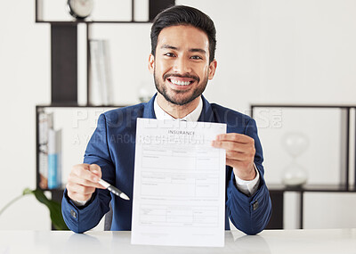 Buy stock photo Insurance, offer and documents with portrait of lawyer for signature, contract and review. Advisor, attorney and advocate with man and agreement in office for legal paperwork, deal and information