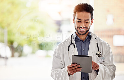 Buy stock photo Asian man, doctor and tablet with smile in hospital for planning, research and consulting on blurred background. Clinic, schedule and Japanese male health expert on app for Telehealth, help or advice