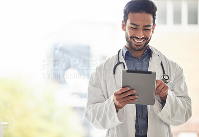 Buy stock photo Doctor, asian man and tablet with smile in hospital for planning, research and consulting on blurred background. Clinic, schedule and Japanese male health expert on app for Telehealth, help or advice