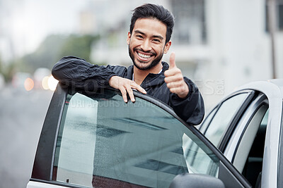 Buy stock photo New car, man with thumbs up and smile on street, yes and thank you for vehicle finance loan success. Winning, motor deal and happy driver in city for travel, transport and auto insurance agreement.