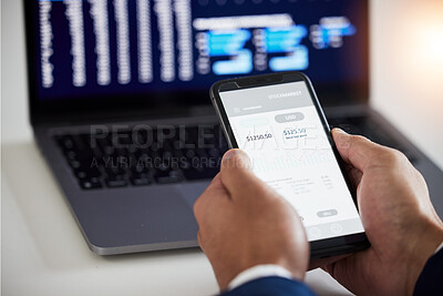Buy stock photo Hands, phone or businessman trading on stock market, fintech app or cryptocurrency savings on laptop. Closeup of financial trader, technology and screen for data analysis, growth and stocks dashboard
