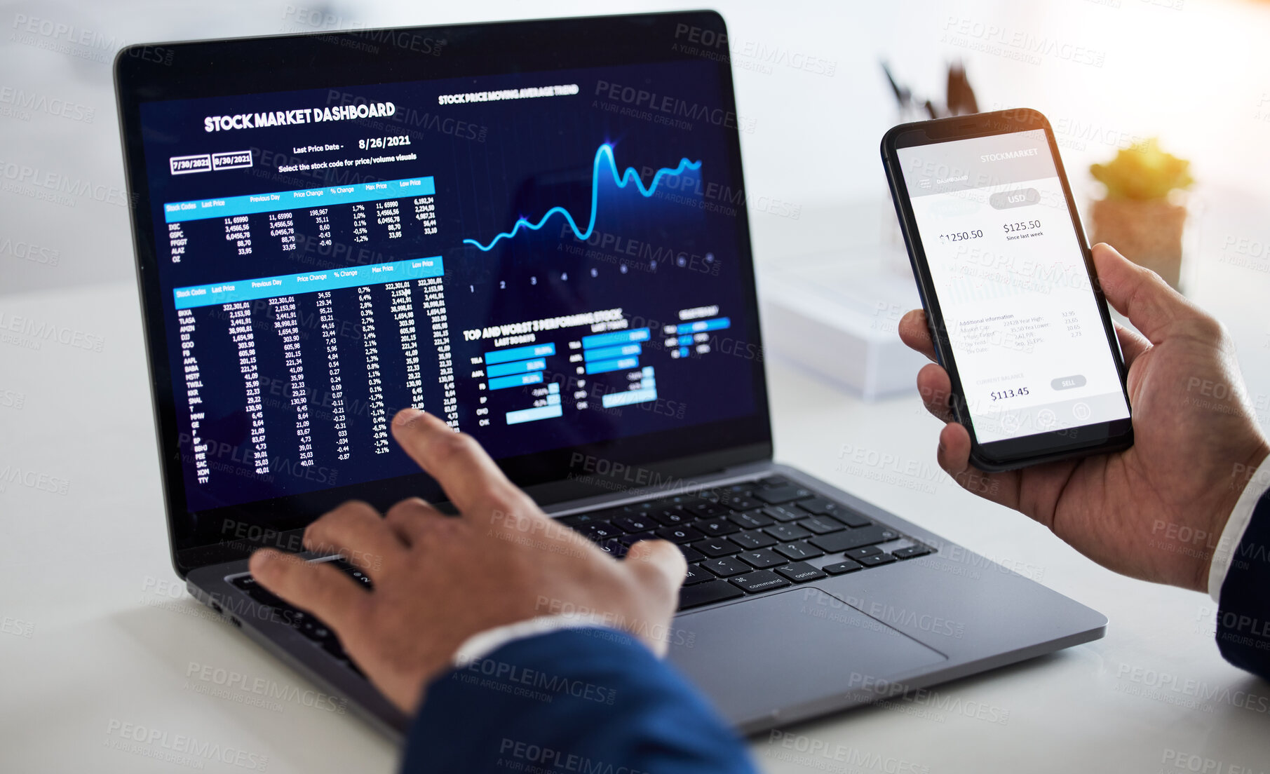 Buy stock photo Hands, phone and trader at laptop for stock market dashboard, fintech app or cryptocurrency savings. Closeup of business man, mobile finance or computer for trading data, banking investment or stocks