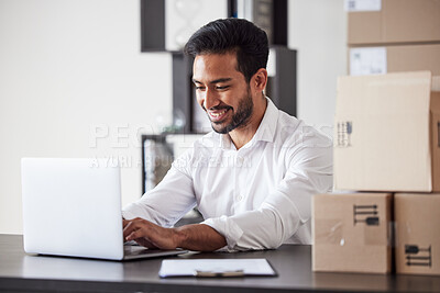 Buy stock photo Laptop, box and business man for logistics startup for shipping, delivery and production service. Ecommerce, supply chain and male person on computer planning schedule for package, parcel and cargo