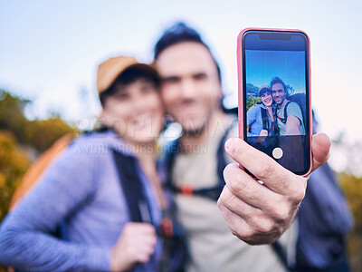 Buy stock photo Hiking, nature and couple with selfie on screen for adventure, holiday and journey on mountain. Travel, dating and happy man and woman take picture on phone to explore, trekking and backpacking