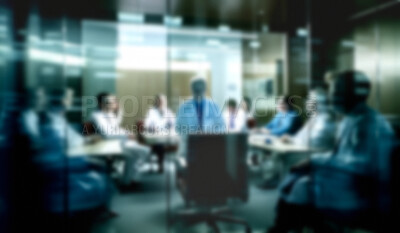 Buy stock photo Blurred, doctors and team meeting in hospital for surgery planning, wellness and future healthcare collaboration. Ai generated, people and medical nurses in boardroom blur for teamwork discussion