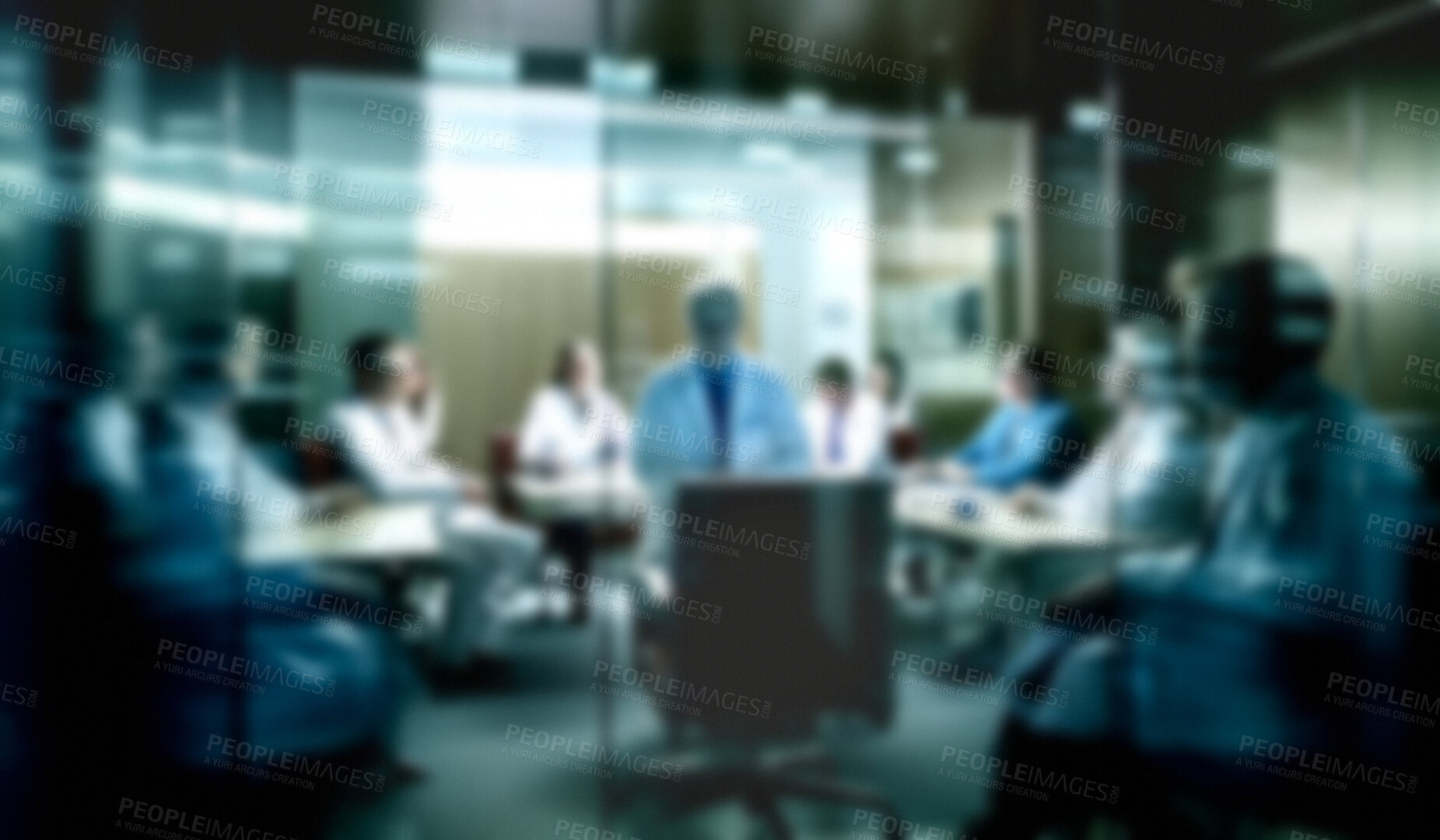 Buy stock photo Blurred, doctors and team meeting in hospital for surgery planning, wellness and future healthcare collaboration. Ai generated, people and medical nurses in boardroom blur for teamwork discussion